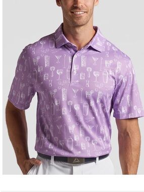 Bermuda Sands Doug Lavender Orchid  Cocktail Print Polo Shirt Size S READ